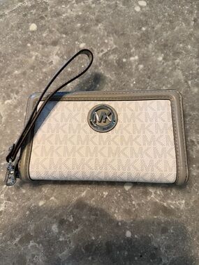 Michael Kors Cream and Taupe MK Logo Wristlet Wallet